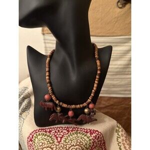 Vintage Wood Beaded Carved Tribal Safari Animals Boho Necklace 15" Long